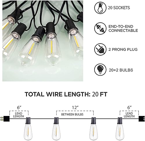Miniatura 3 de Afirst Tira de luces LED para exteriores de 20 pies, luces de patio con 22 bombillas inastillables (2 de repuesto), impermeable, conectable, luces
