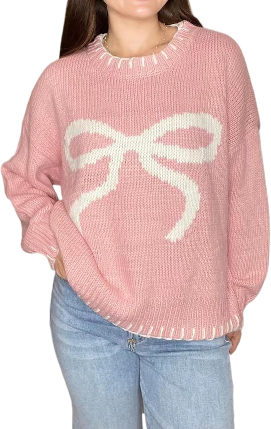 Cute Bow Sweaters for Women Long Sleeve Cozy Pullover Fall Winter Y2K Tops Aesthetic Clothes Outfits