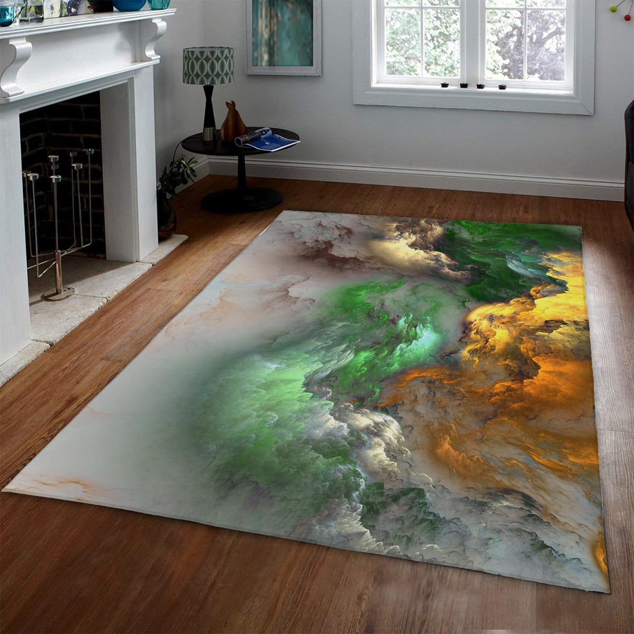 Dywan powierzchniowy nadaje się do prania, 120 x 180 cm, zielony, żółty, biały, abstrakcyjny wzór chmury, nowoczesny, głęboko florowany, nadający się do prania, do dekoracji salonu