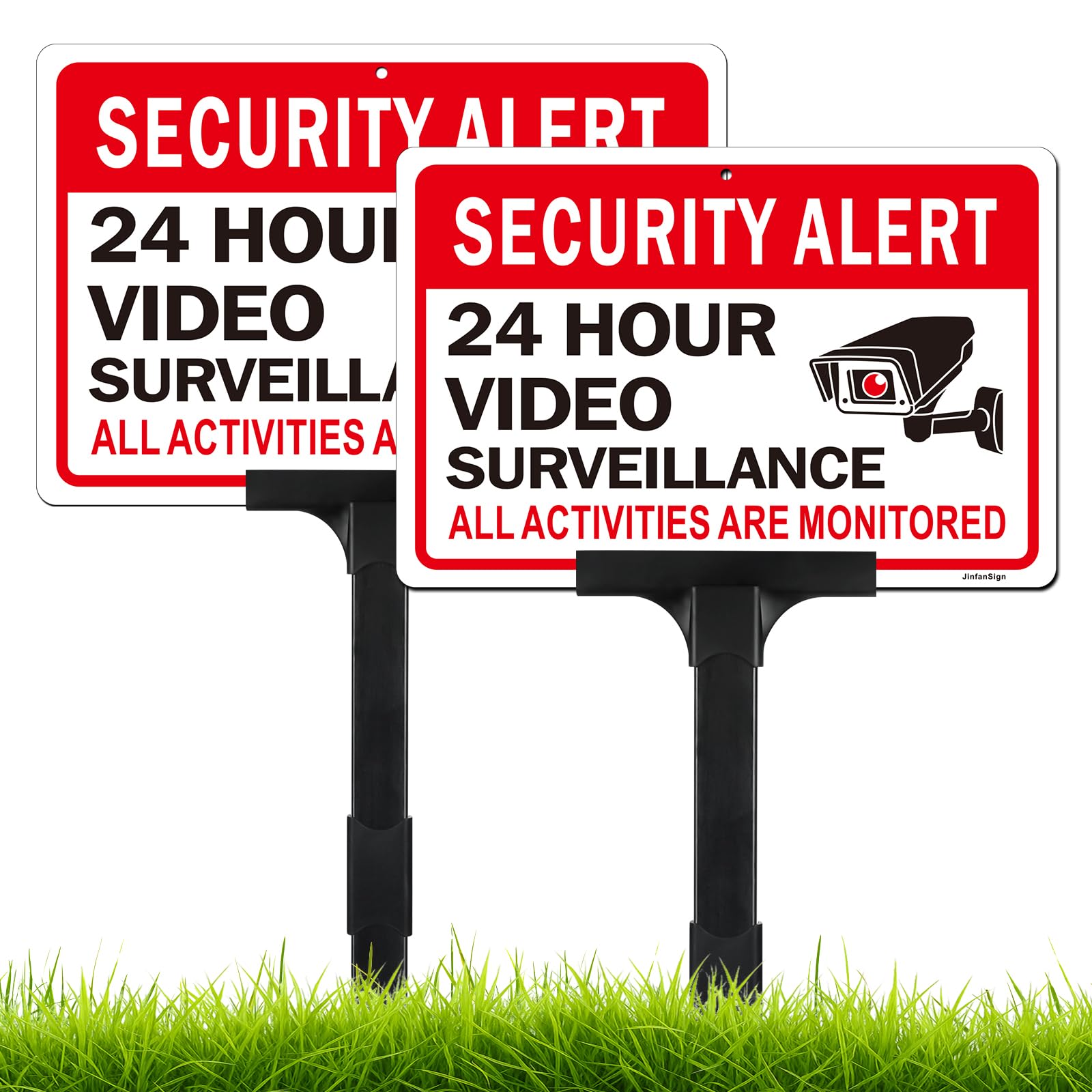 Photo 1 of (2 Pack) Security Sign Video Surveillance Sign with Adjustable Height Stake Set, 12x8 Inch/40 Inch High-50 Mil Thick Rust-Free Reflective Aluminum, Weather Resistant, UV Protected, Plug and Play Ready