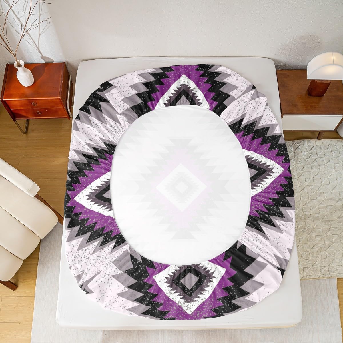Kids Southwest Native American Design Sheet Set King Purple Grey Geometric Bed Sheets Set for Boys Girls Bedroom Decor Tribal Sheets with Deep Pocket Fitted Sheet Set Women Men With 2 Pillow Case