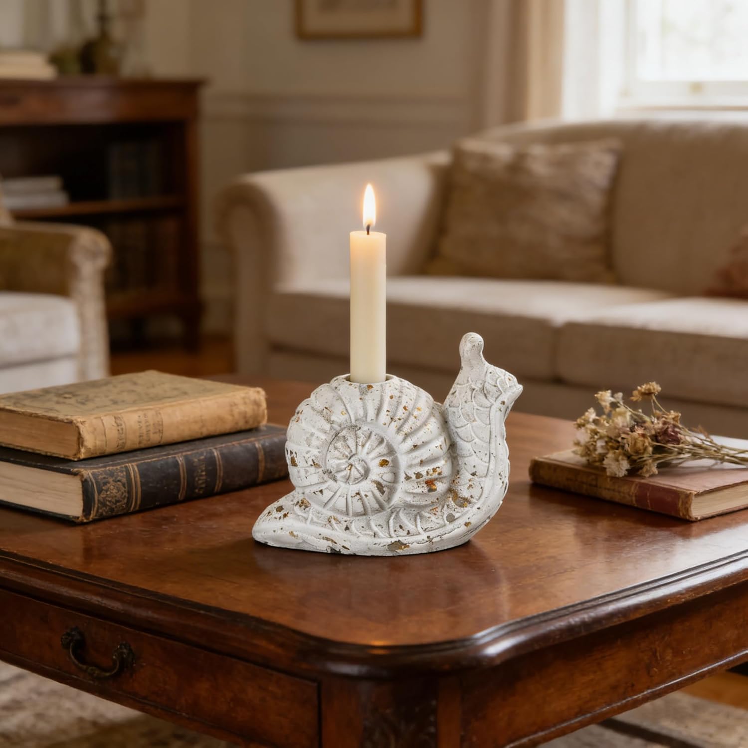 Vintage Snail-Shaped Cement Taper Candle Holder, White & Gold Rustic Iron Candlestick Stand for Tabletop, Patio & Garden Decor
