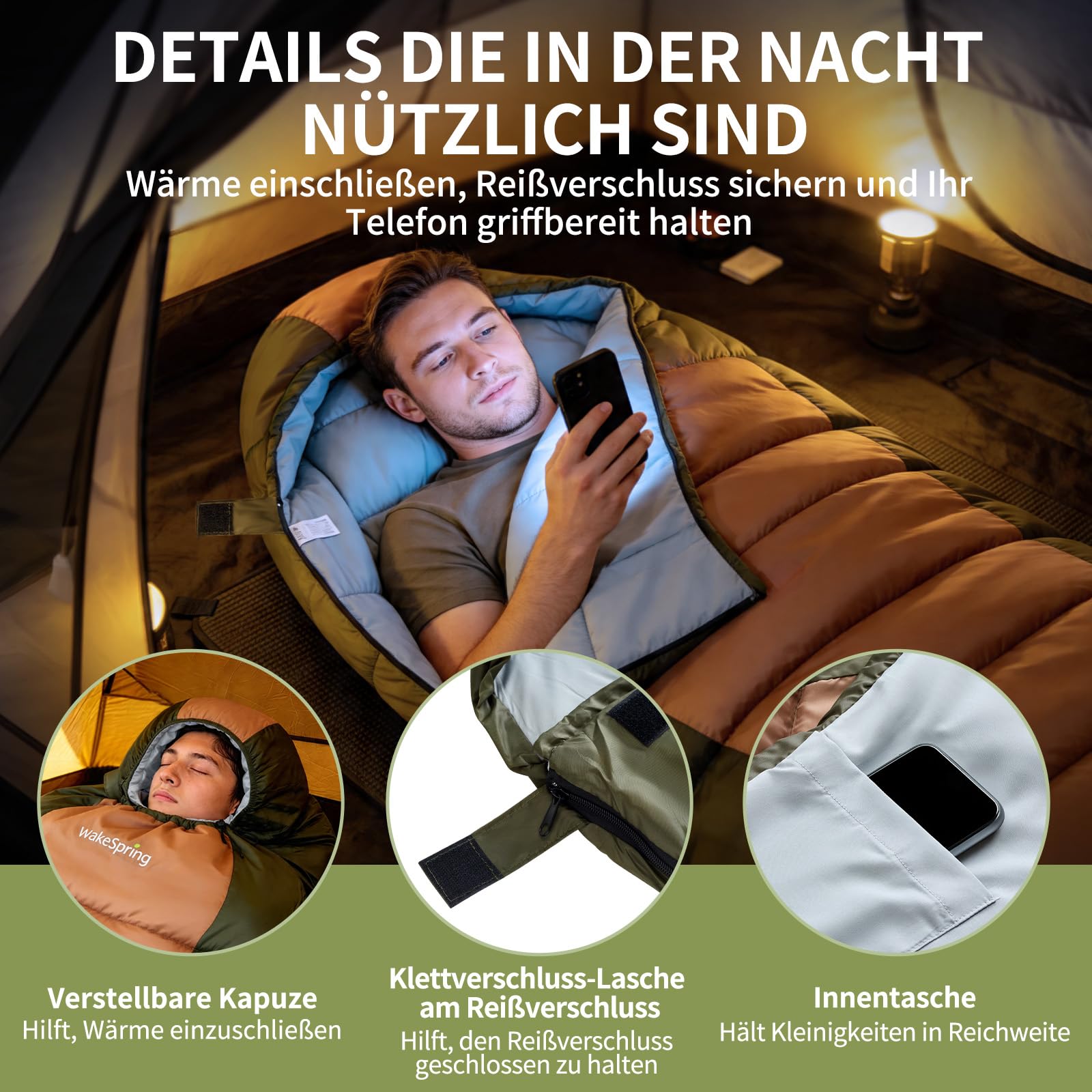 Schlafsack Erwachsene, 3-Jahreszeiten Mumienschlafsack Outdoor, wasserabweisender Camping Schlafsack Kapuze 450GSM, 200/230 cm, für Reisen