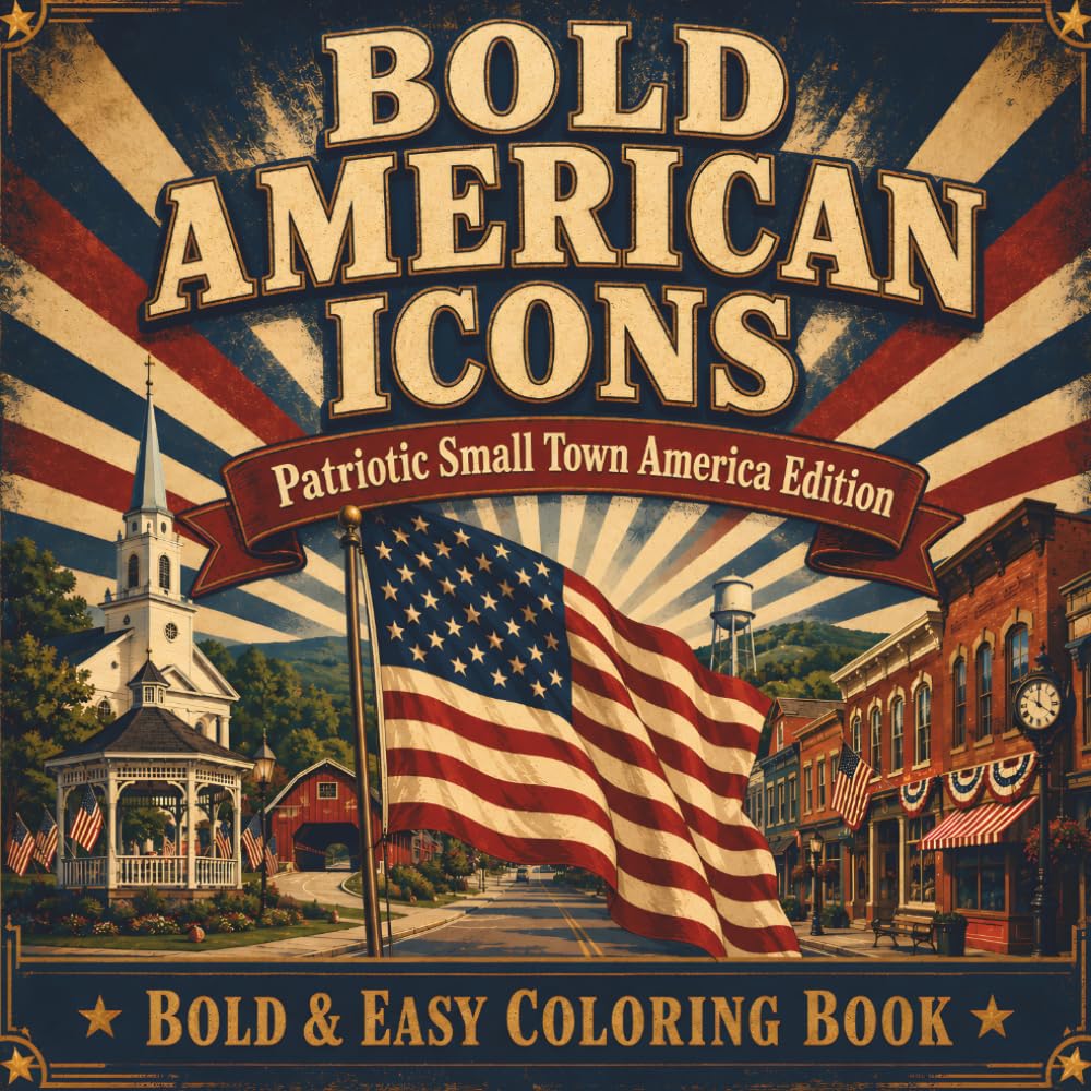 Bold American Icons Patriotic Small Town America Edition: A Bold & Easy Patriotic Coloring Book for Adults & Seniors