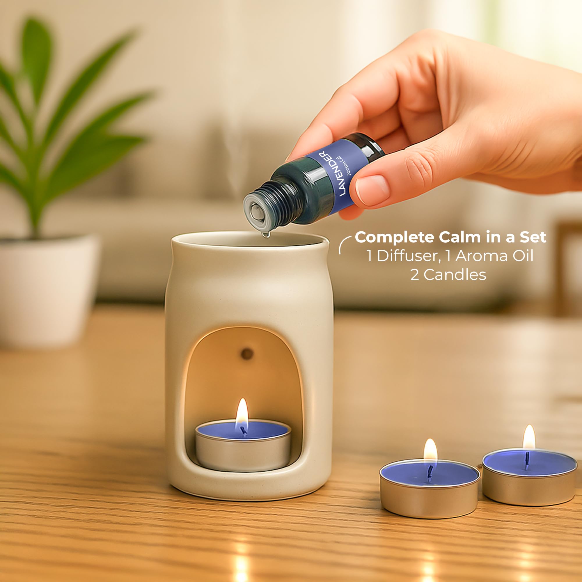 Dolloz Aroma Diffuser Set 3 Dot Ceramic Oil Burner with 2 Tealight Candles & 10ml Essential Oil Compact & Elegant Gift Set for Home, Bedroom, Office & Spa (Lavender) 1