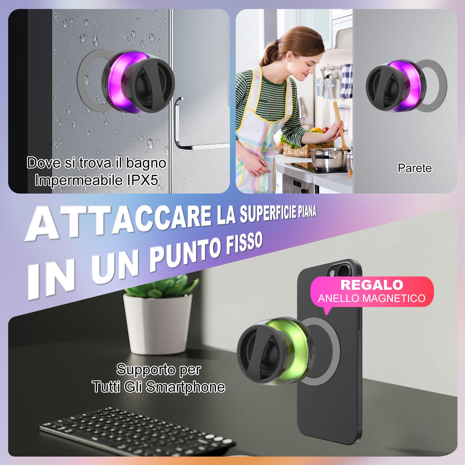 mumisuto Altoparlante Bluetooth Magnetico, Cassa Bluetooth Portatile con Suono Surround 3D e Luce RGB, Speaker Bluetooth Impermeabile IPX5, con Funzione di Supporto Telefono, Accoppiamento TWS
