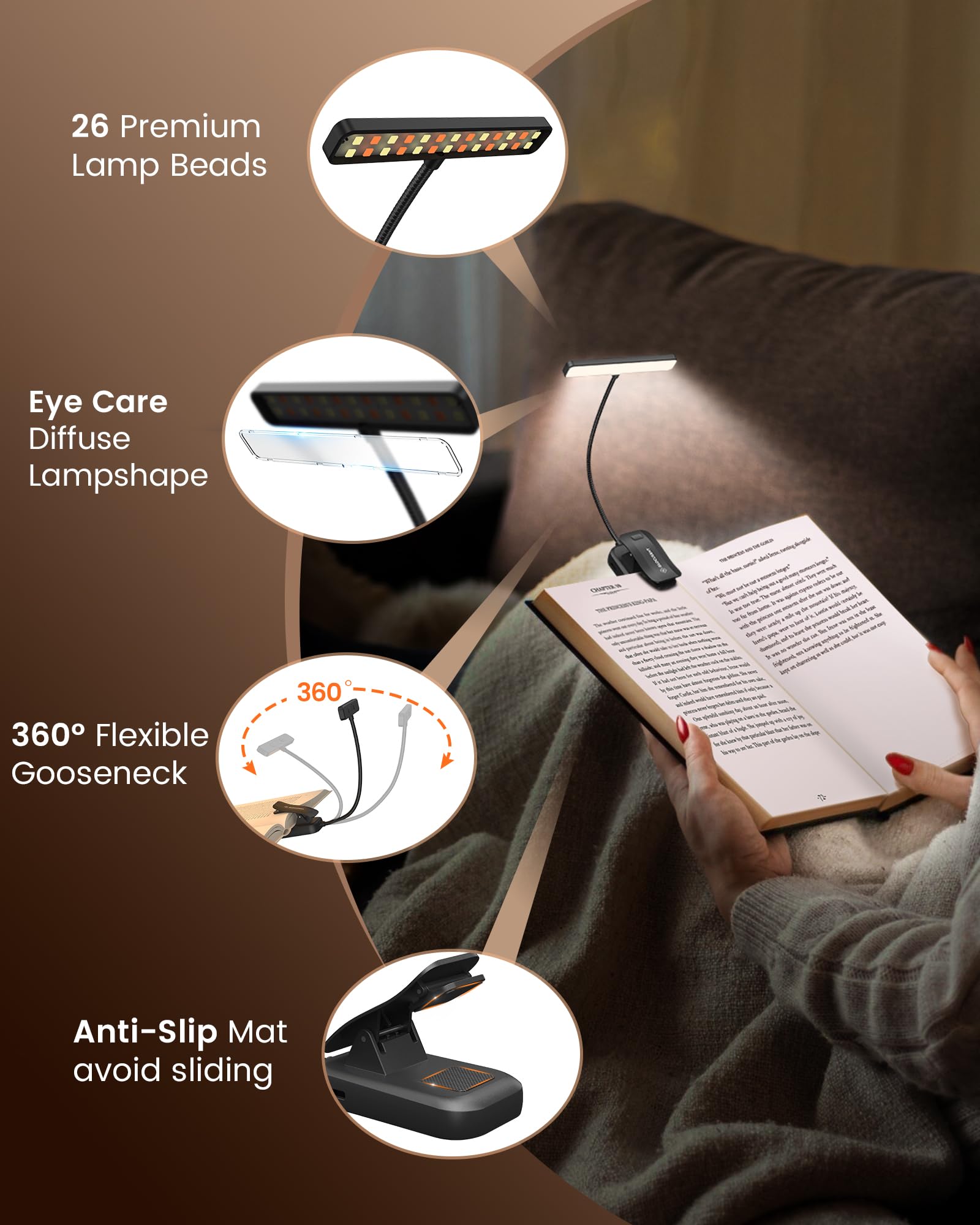 Glocusent 26 LED Luz de Lectura, Lámpara de Lectura USB-C Recargable de 360° Flexible con 5 Colores de Luz & 5 Brillos, Protección Ocular Lampara Libro con Modo Memoria para leer en la cama (Negro)