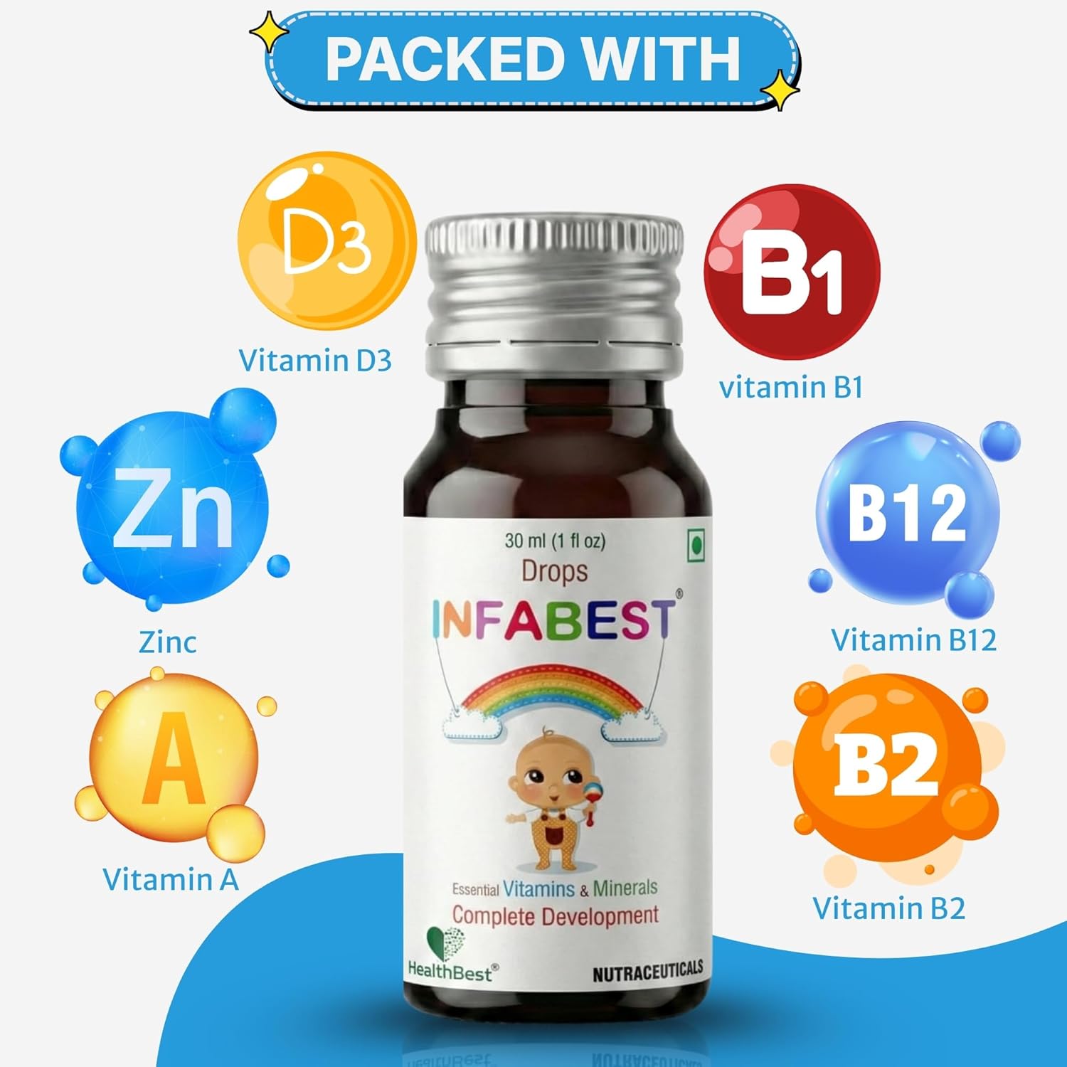 HealthBest Infabest Drops, Multivitamins with Vitamin D3 & Zinc, Kids & Toddlers, 30 ML