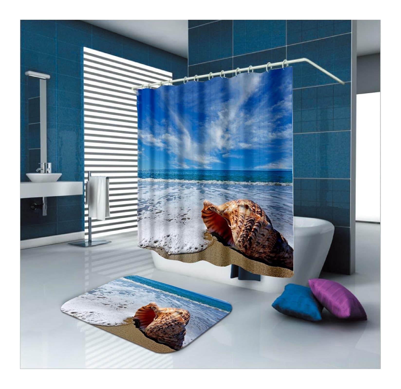 Duschvorhang Blau 165x180 cm Textil, Strand Schale Muster Badvorhang Polyester Waschbar Stoff 1,65 x 1,8m Lang(BxH) mit Duschvorhangringen