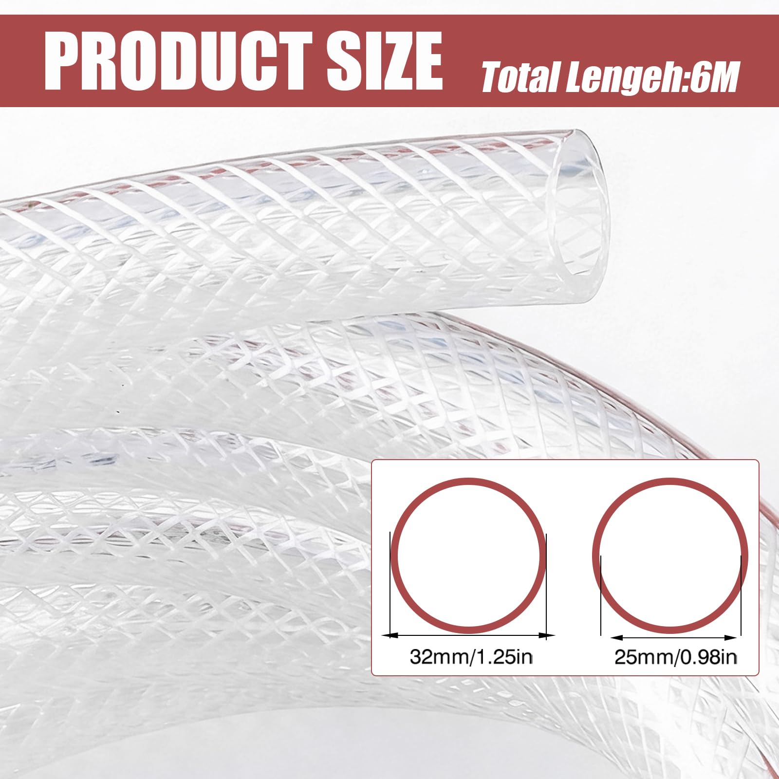 Saugschlauch PVC Gewebeschlauch 25x32 mm, Transparenter Verstärkter Wasserschlauch, Flexibel für Wasser, Luft, Öl, Garten, Teich und Industrie (25x32mm 6M)