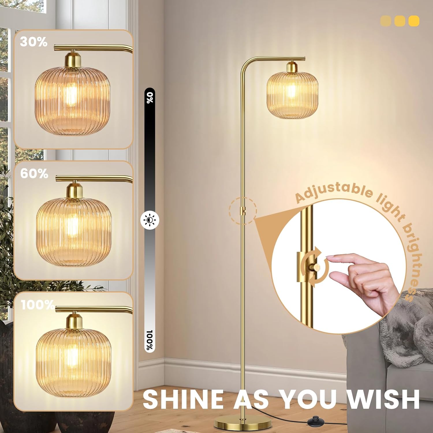 Glass Floor Lamp for Living Room, Mid Century Modern Dimmable Floor Lamp with Amber Glass Shade and Pedal Switch, 67" Tall Vintage Gold Standing Lamp for Bedroom Study Room