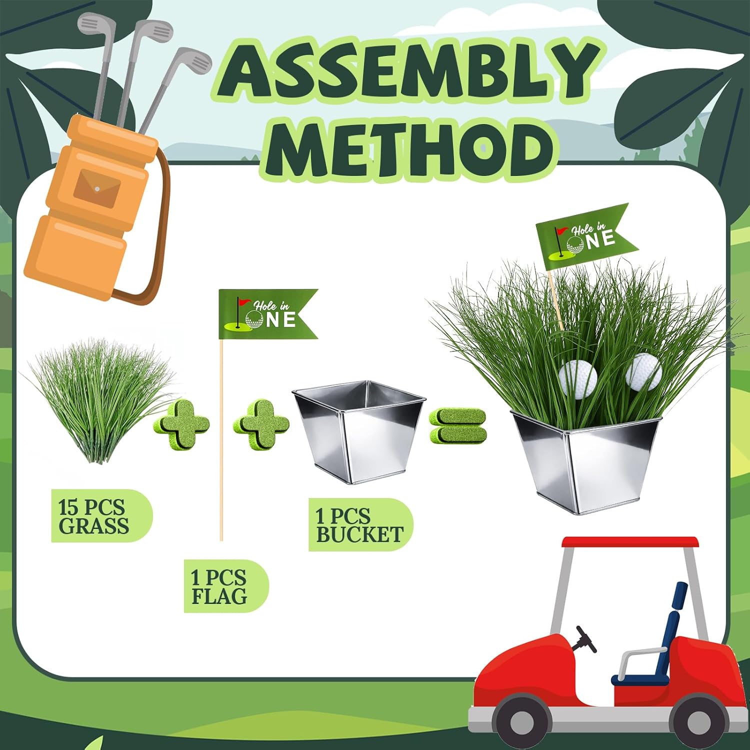 Soulchen 6 Set Golf Party Table Decorations Kit Includes 6 Iron Bucket 12 Mini Golf 90 Artificial Grass 6 Flags Centerpiece for Birthday Sport Themed Party Desk Supplies(Trapezoid)