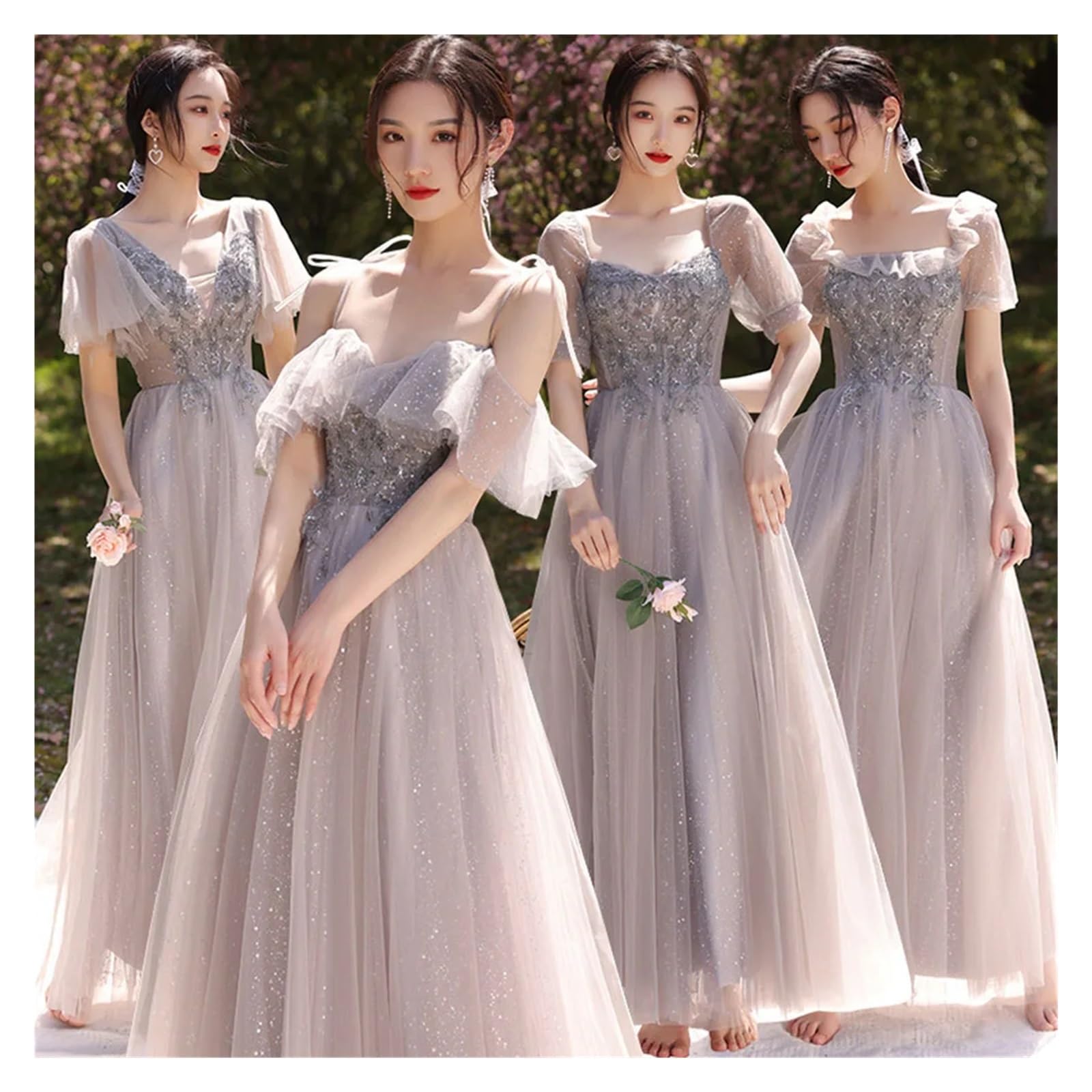 Robe de demoiselle d'honneur en Tulle, 4 Styles, avec des appliques élégantes, manches courtes, douce, ligne a, longueur cheville, robe d'invité de fête de mariage Pour Mariage CéRéMonie(Grey Long D,1