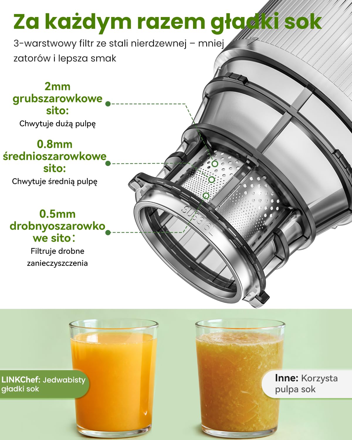 LINKChef Slow Juicer, szeroki otwór 130 mm, wyciskarka do owoców i warzyw, pojemność 1,8 L, elektryczna wyciskarka 250W z funkcją cofania, cicha, łatwy montaż, łatwe czyszczenie, BPA free