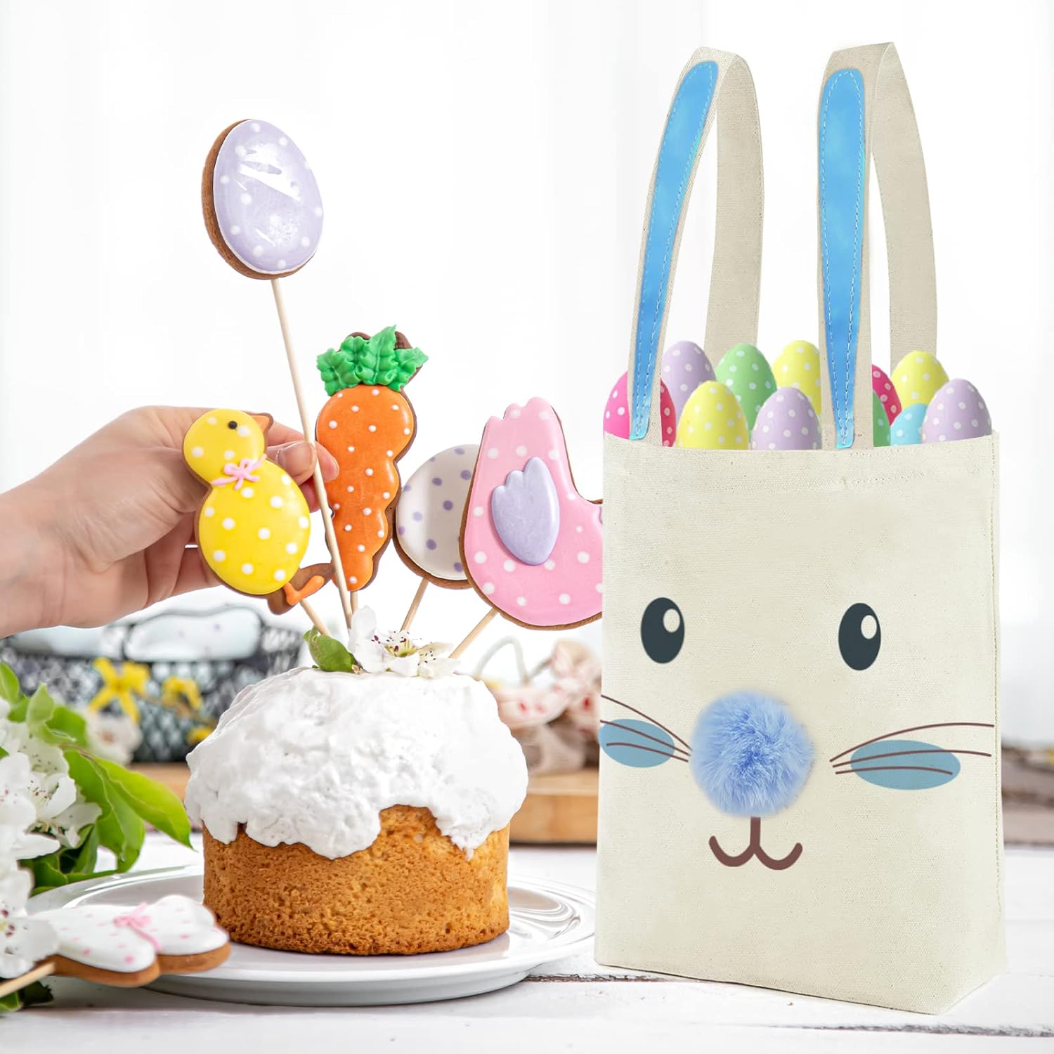 ATFUNSHOP Easter Canvas Tote Bag for Kids Reusable Easter Bunny Bags Baskets for Easter Egg Hunt - Image 5