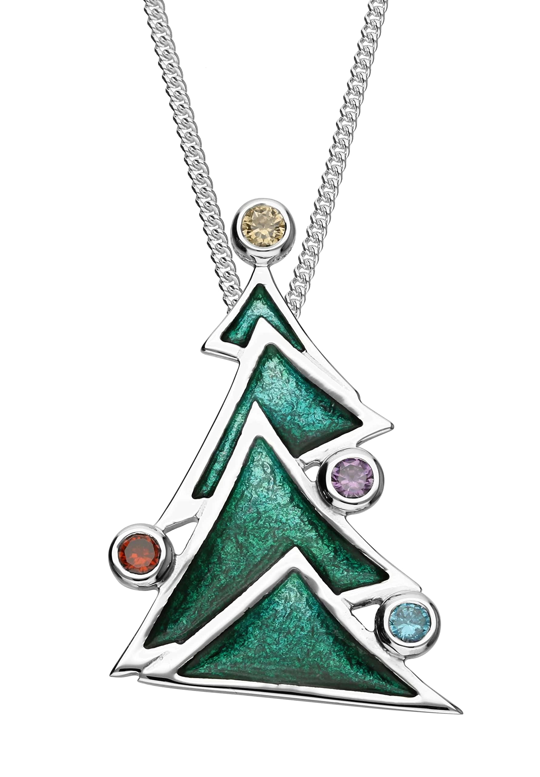 ORTAK 925 Sterling Silver Handmade Pendant Necklace Christmas Eve Tree With Blue, Purple, Red, Yellow Cubic Zirconia Gemstones Hot Glass Hand Enamel Scottish Fine Jewellery Made In Scotland