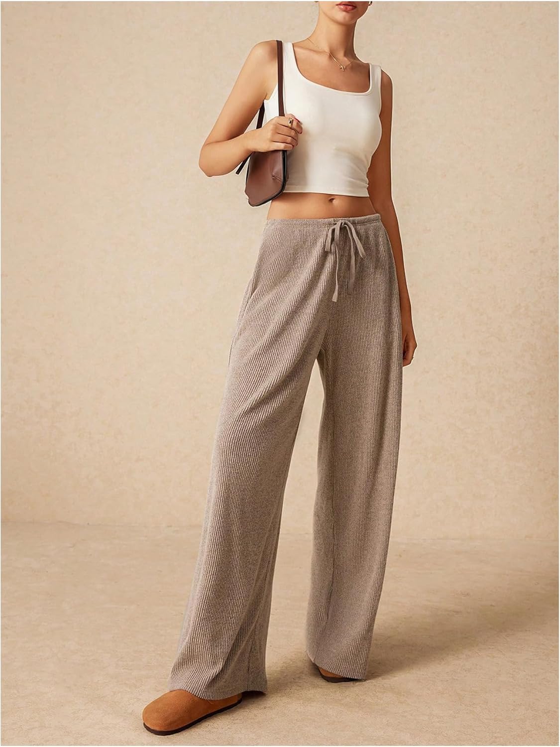 Women's Low Rise Wide Leg Pants Ribbed Knit Drawstring Waist Casual Lounge Trousers with Pockets - Image 5