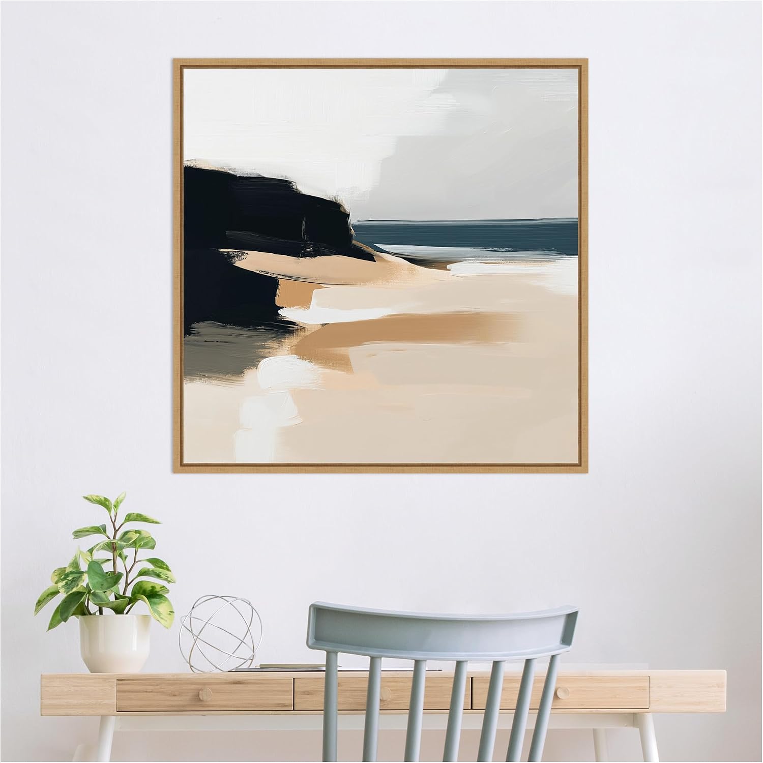 Kate and Laurel Sylvie Coastal Sand Modern Abstract Landscape I Framed Canvas Wall Art by The Creative Bunch Studio 30 x 30 Natural, Modern Contemporary, Abstract, Landscape Decor, Living Room
