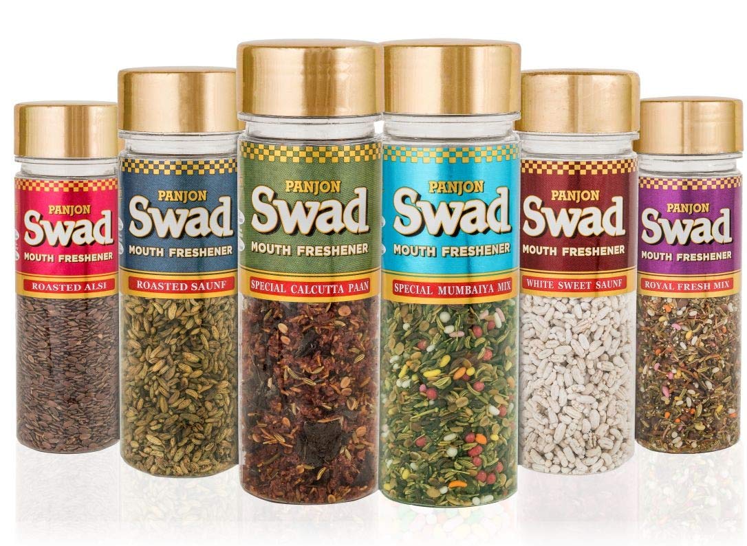 Panjon Swad Tasty Mouth Fresheners [White Sweet Saunf, Mumbaiya Mix, Royal Fresh Mix, Calcutta Paan, Roasted Alsi Mukhwas Mukhwas Personalized Gift] 6 Bottles, 640g