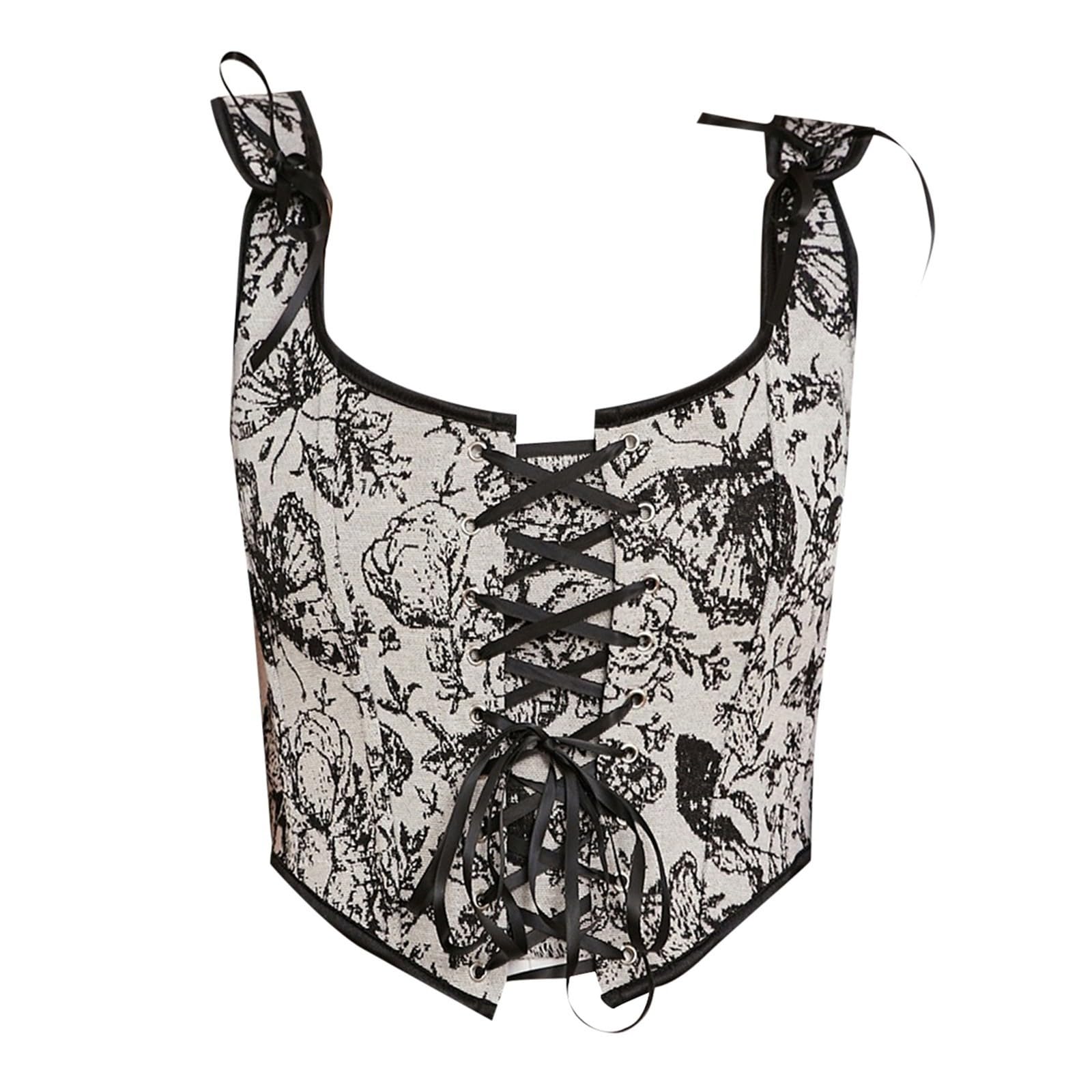 Generisch Corsetto classico in stile francese con allacciatura frontale, gilet modellante con stampa retrò dipinta a olio e design a legatura a strati, top da donna (bianco, S)