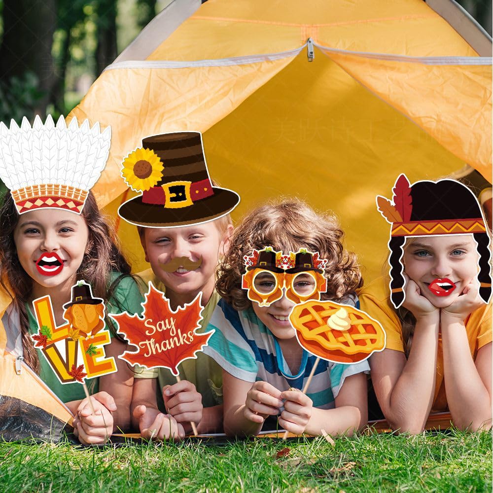 Kit 30 Accessoires Photobooth Thanksgiving & Noël | Props Photos + Cadre Selfie Gonflable | Pour Fêtes & Anniversaires