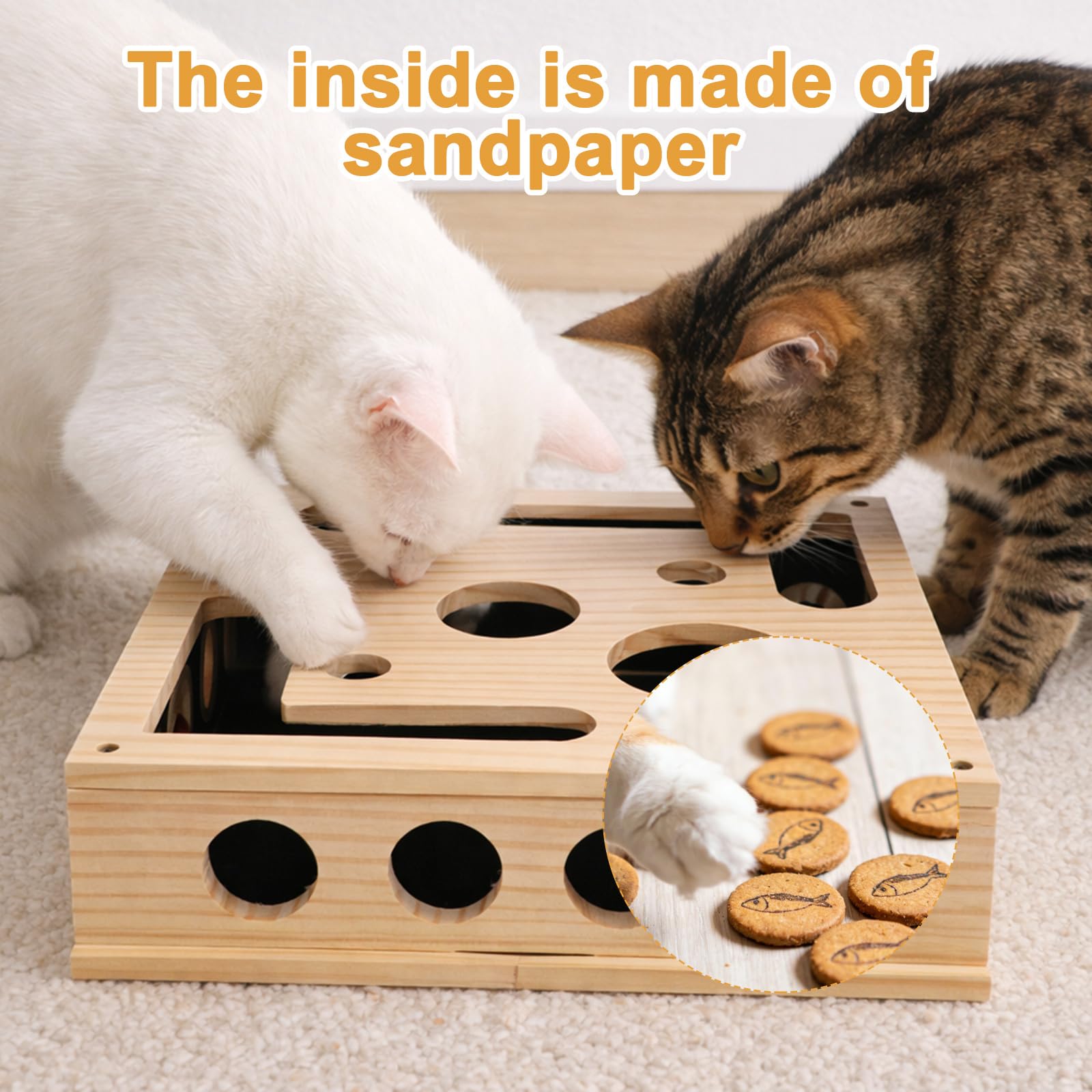 Caja de Enriquecimiento con Rompecabezas Rascar para Gatos con 3 Bolas de Cascabel, Lima Uñas Interactiva Madera para Gatos y Rascador Papel Lija en el Interior Lima Uñas Antiestrés