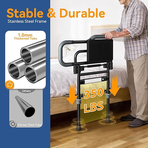 Miniatura 2 de Rieles de cama para adultos mayores con seguridad, rieles plegables de asistencia para cama para personas mayores con luz sensor y bolsillo de
