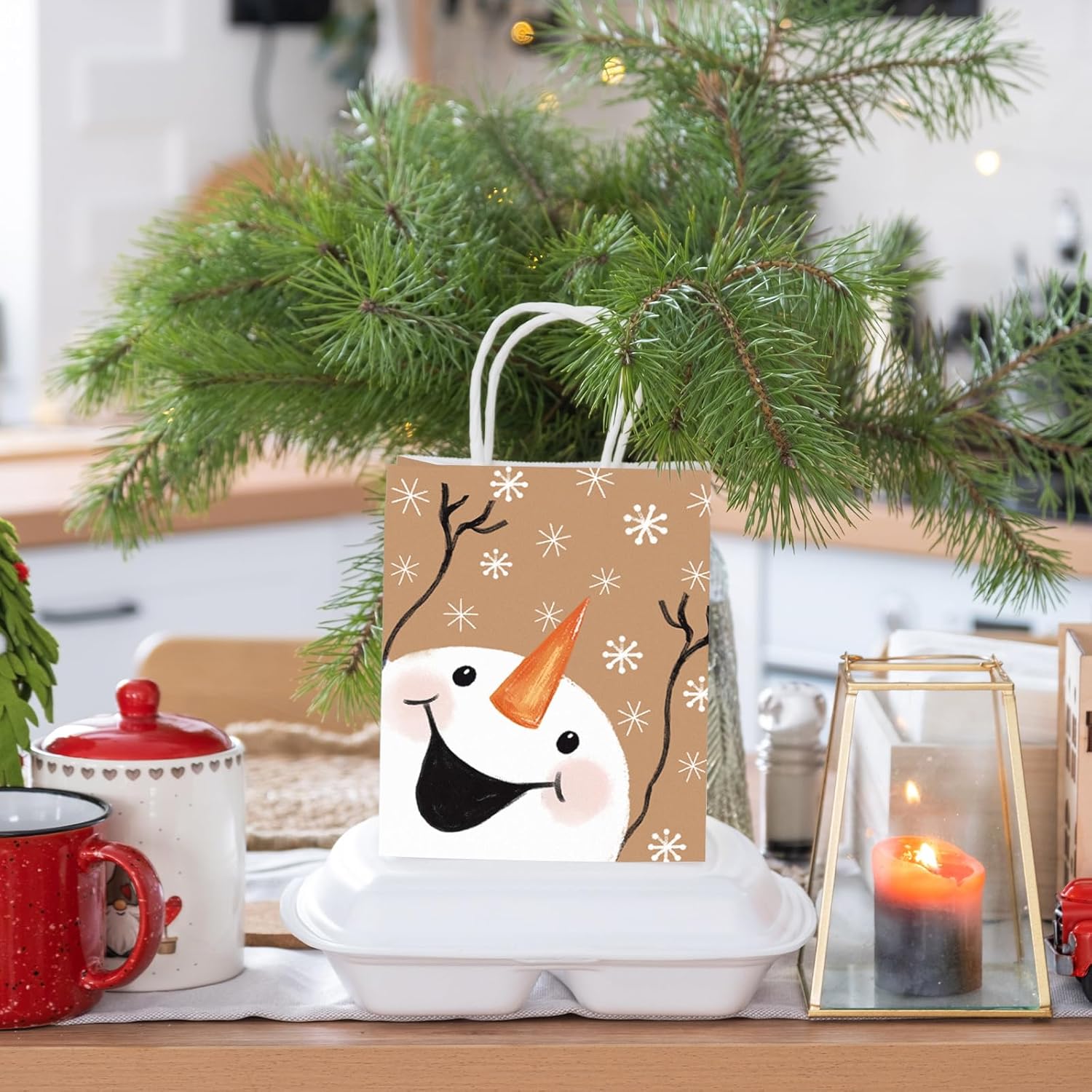 JarThenaAMCS 24 Pcs Christmas Kraft Gift Bags with Handles Xmas Snowman Snowflake Treat Bags Goodie Paper Bag for Winter Holiday Party Favors Supplies, 5.9 x 3.1 x 8.3 Inch - Image 6