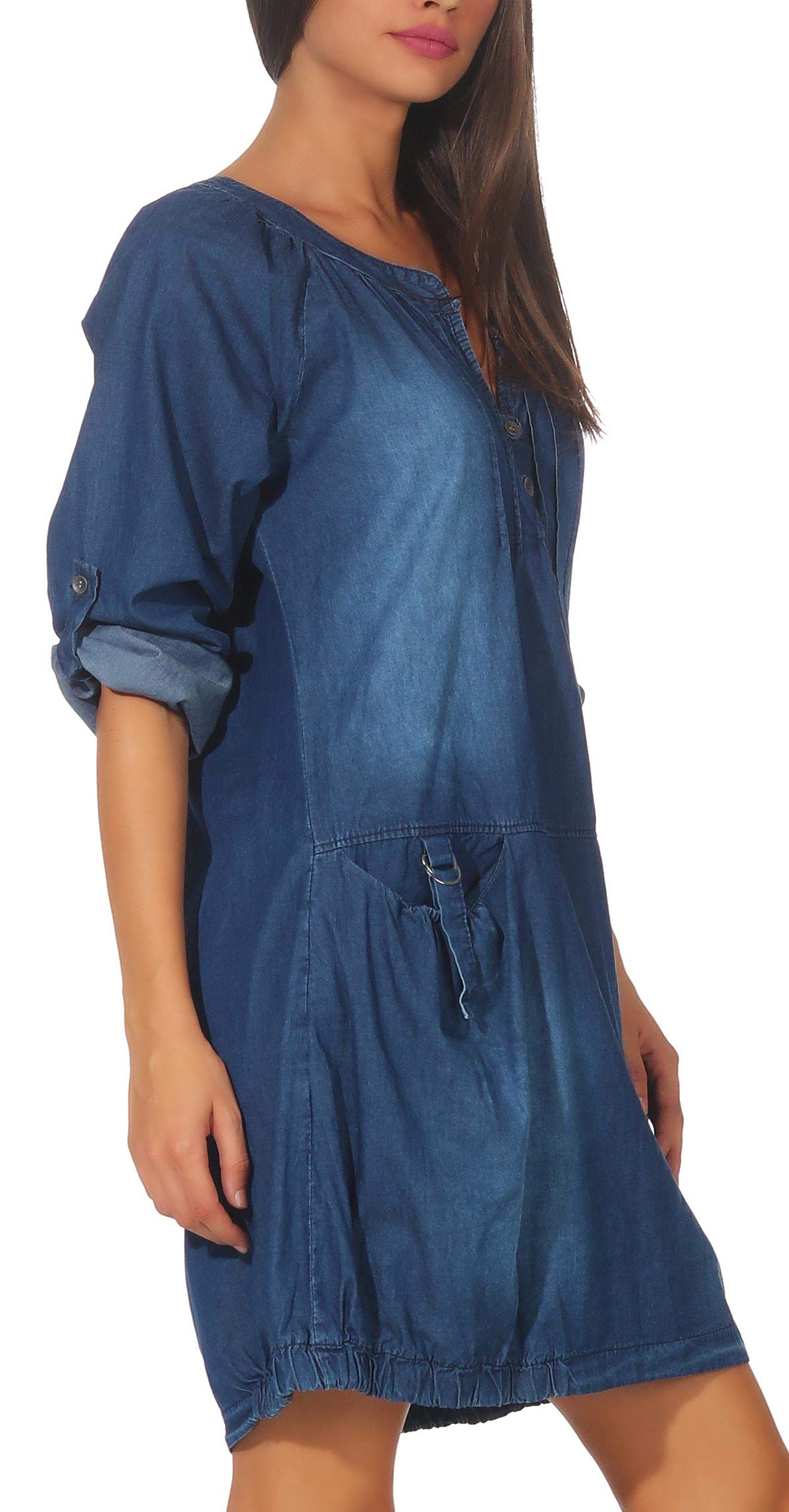 Malito – Langarm Jeanskleid Damen mit Taschen – Unisize Maxikleid für Sommer, Herbst & Winter – schickes Blusenkleid 6255 (Größe 36-42)