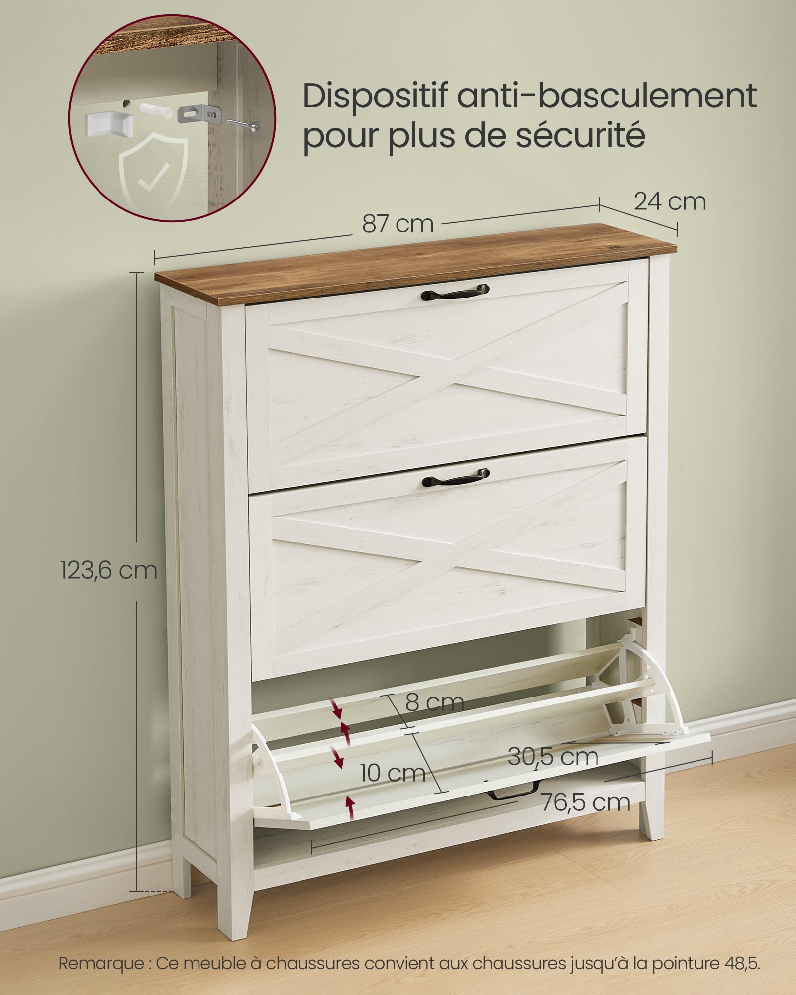 VASAGLE LIRY Collection - Meuble à Chaussures à 3 Abattants, Placard de Rangement Autoportant, Étroit, pour Entrée, Style Campagne, Capacité de 18 à 24 Paires, Blanc Rustique HSC301W02