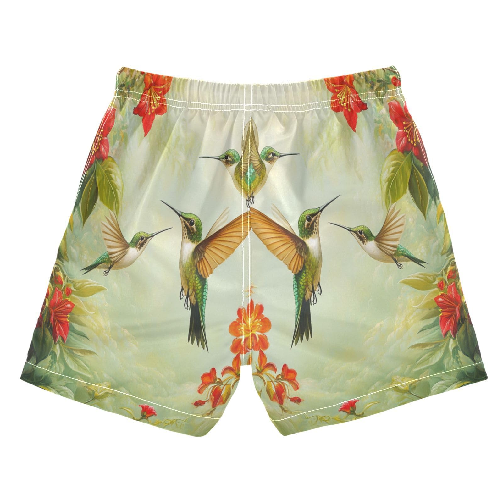 Jucciaco Boys Beach Board Shorts Hummingbird Flower Red Swim Trunk Teen Swimwear