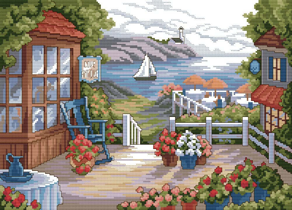 Awesocrafts Cross Stitch Stamped Kits Terrace with Blooming Flowers Easy Patterns Cross Stitching Embroidery Needlework Kit Supplies 14CT 2 Strands (Terrace)