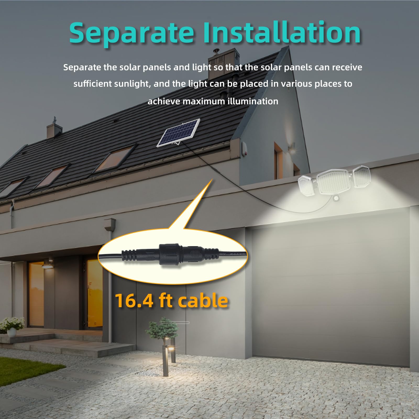 Luz solar para exteriores, 3000 lm, 426 luces LED con sensor de movimiento, 3 modos de luz de seguridad de pared impermeable de 4400 mAh, panel solar separado con cable de 16.4 pies, para