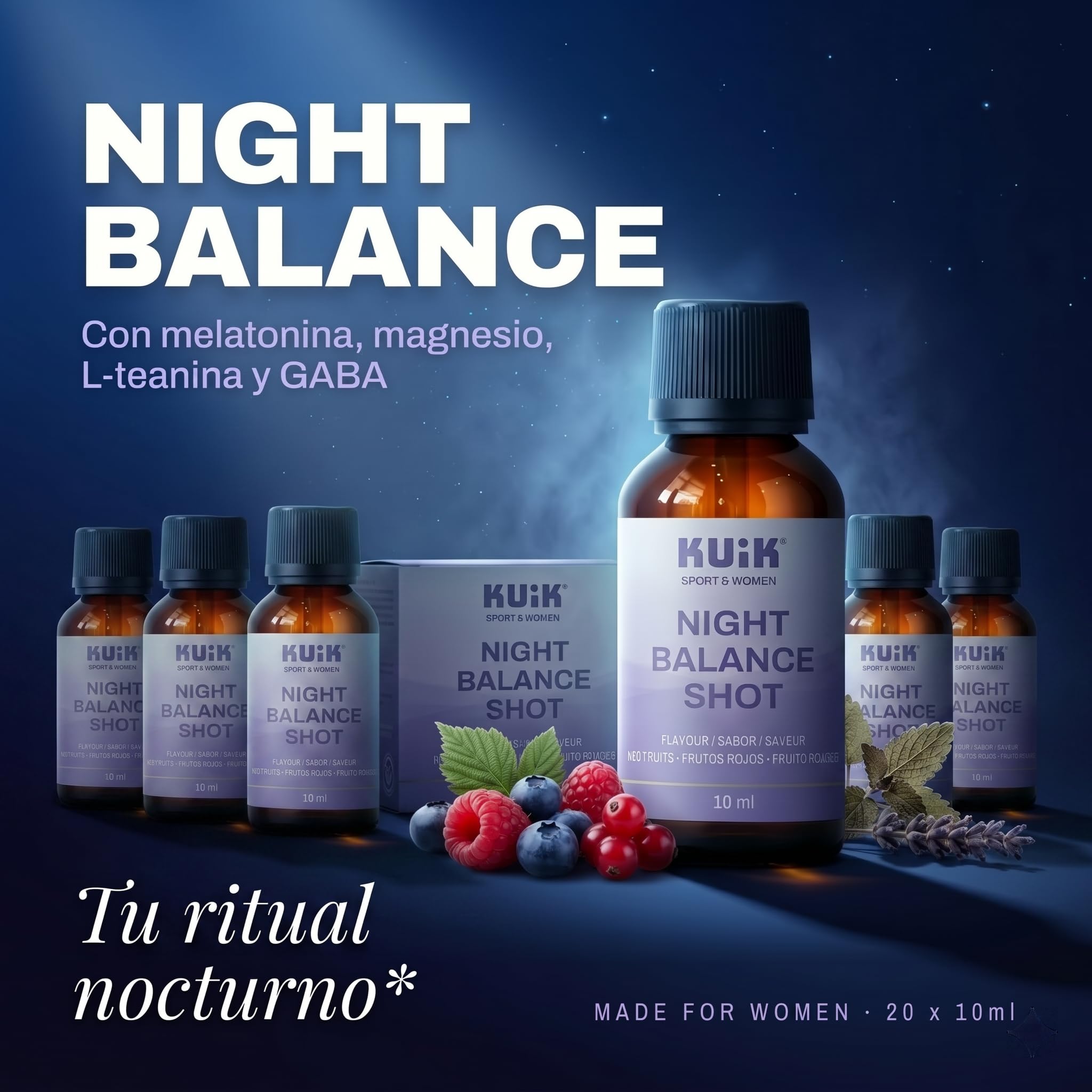 Night Balance Shot con Melatonina, Magnesio y L-Teanina – Complemento Alimenticio Líquido para el Descanso – Con GABA y Extractos Vegetales – Sabor Frutos Rojos – 20 Viales – KUIK Sport