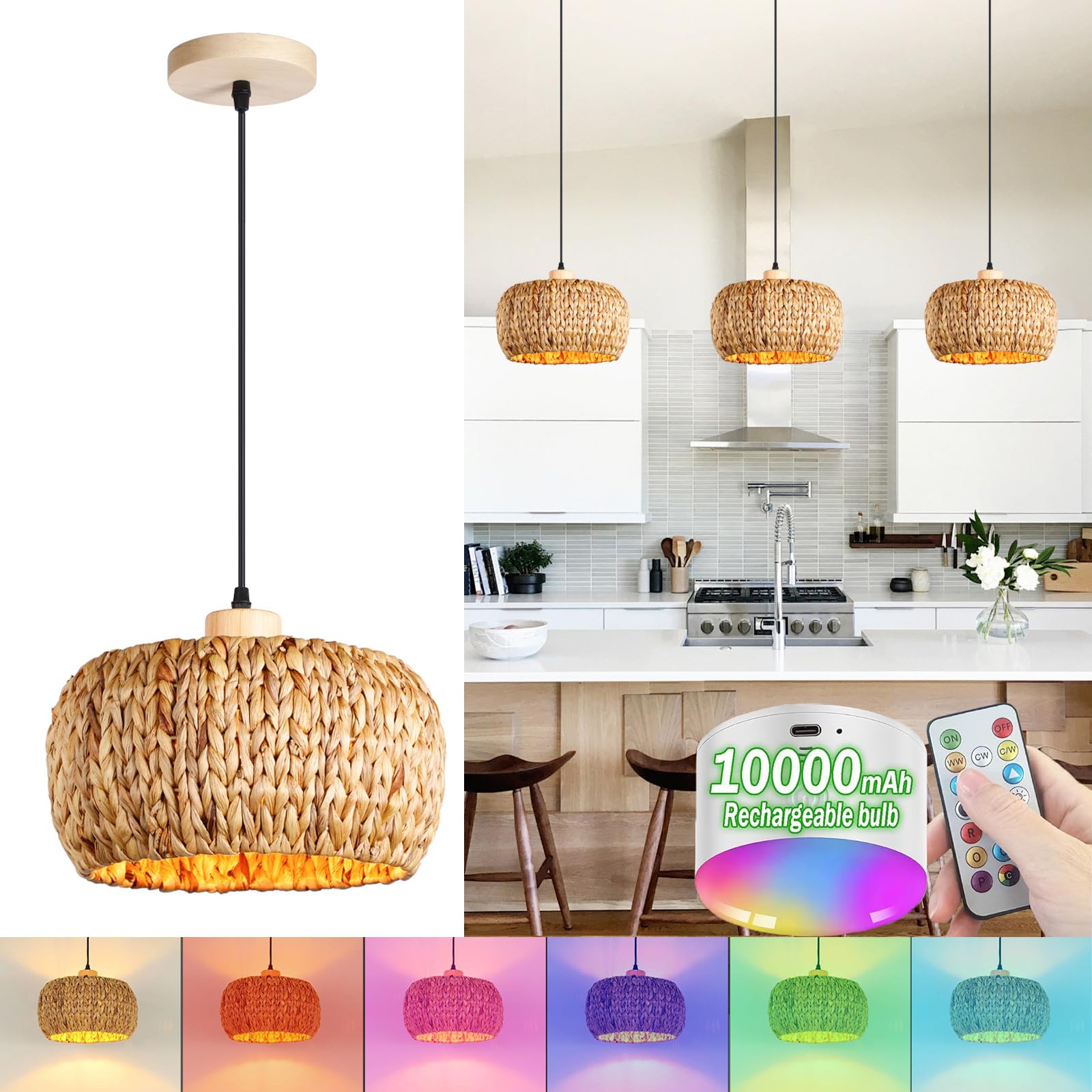 Boho Rattan E27 Pendelleuchte mit Batterie Indoor Vintage Bambus  Hngeleuchte Dimmbar mit Fernbedienung Hngelampe Mit RGB wiederaufladbaren  Glhbirnen fr Esszimmer, Keine Verkabelung erforderlich : Amazon.de:  Beleuchtung