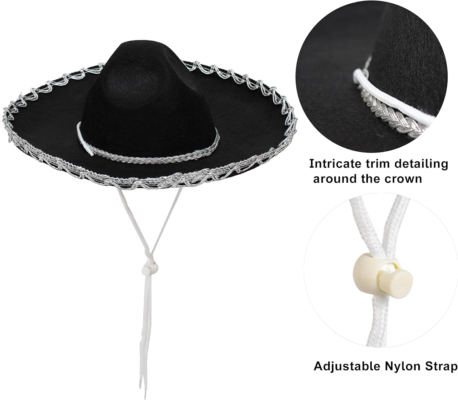 GiftExpress Black Mariachi Sombrero Hat with Silver Trim, Sombrero for Cinco de Mayo, Halloween Costume, Mexican Fiesta Costume - Image 5