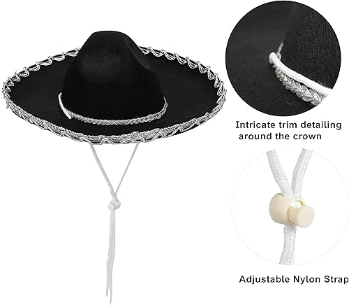 Miniatura 6 de GiftExpress Sombrero negro con ribete plateado, sombrero para Cinco de Mayo, disfraz de Halloween, disfraz de fiesta mexicana