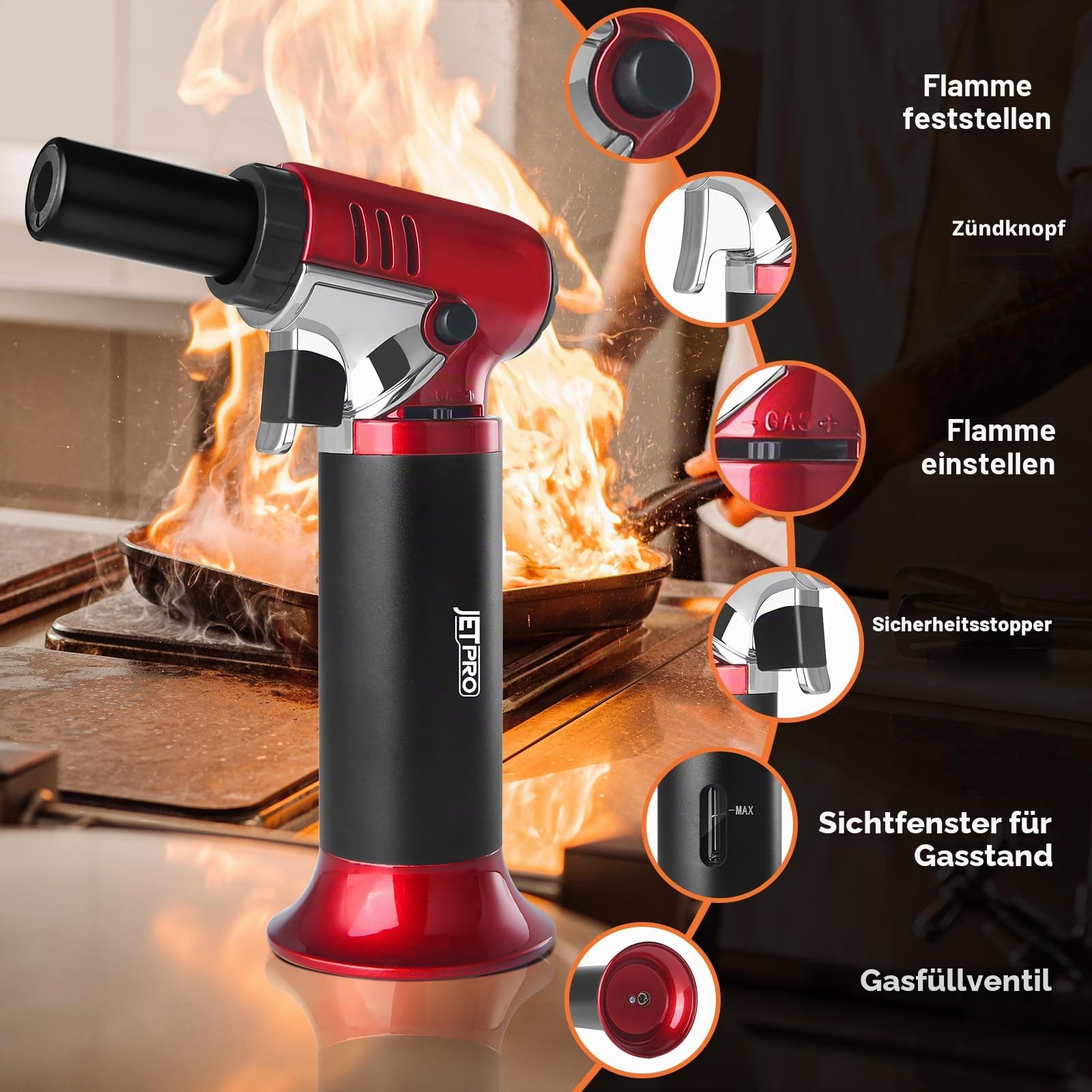 Butan Fackel Feuerzeug nachfüllbar mit verstellbarer Flamme Küche Fackel für Creme Brulee Backen BBQ Kochen Löten Einhandbetrieb mit Kraftstofffenster Sicherheitsschloss (Butan Gas nicht enthalten)