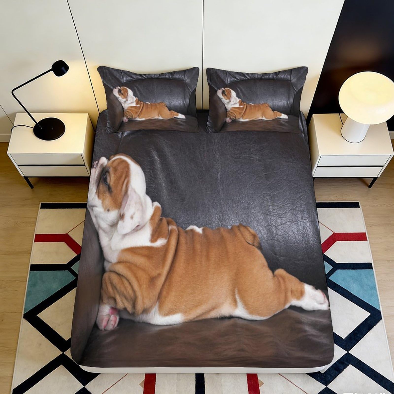 3D Printed Bulldog Fitted Sheet Microfiber Deep Pocket Non-Slip Bedroom Bedding Bulldog Mattress Fitted Cover for Adult Washable 140x200x25cm