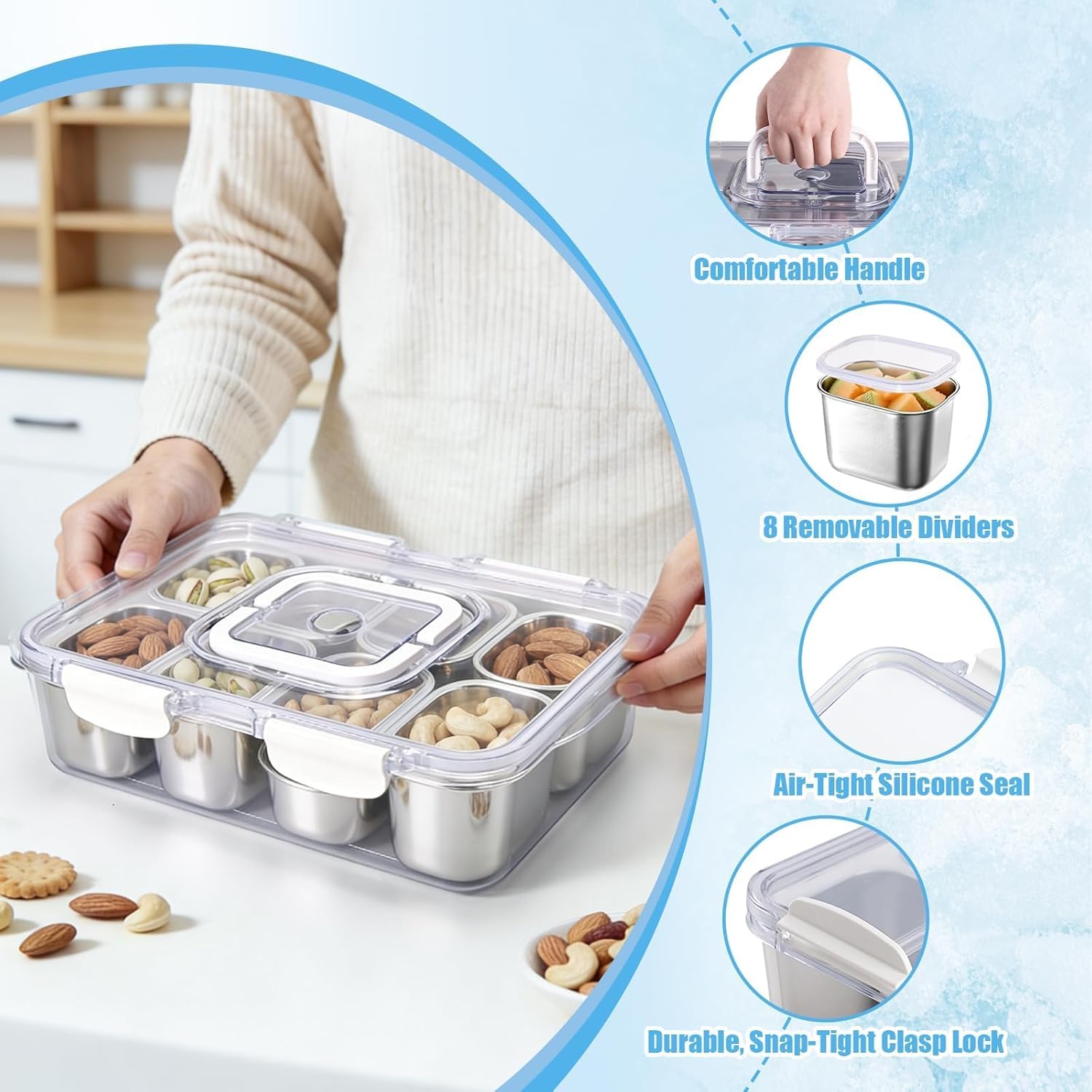 Qtencas Snackle Box Container with 8 Portable Removable Compartments, Ice Pack, Sauce Cup & Fork, Stainless Steel Divided Serving Tray with Lid and Handle for Road Trips Beach Camping