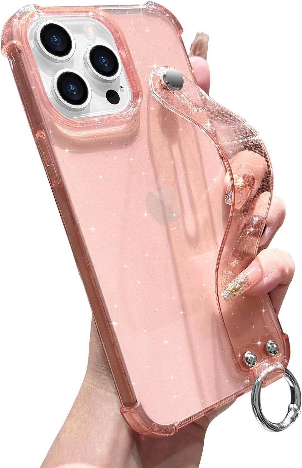for iPhone 15 Pro Case Clear Glitter with Strap, Soft Silicone Back Cover, Adjustable Hand Strap for Women Girls Sparkle Bling TPU Protective Phone Case for iPhone 15 Pro 6.1", Pink