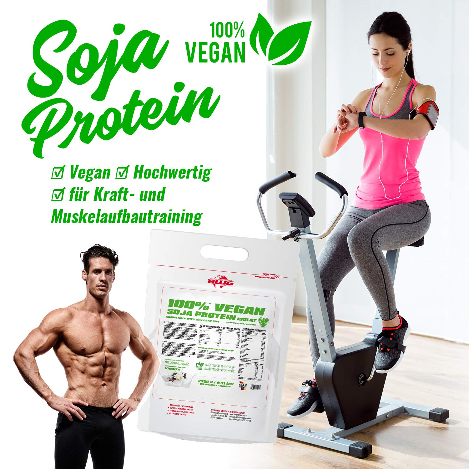BWG Soja Isolat Protein Shake, 100% (Vegan und Laktosefrei) rein pflanzliches Eiweiss Pulver, Premium Sojaeiweiß, ohne Gentechnik, Strawberry, 1 x 2500 g