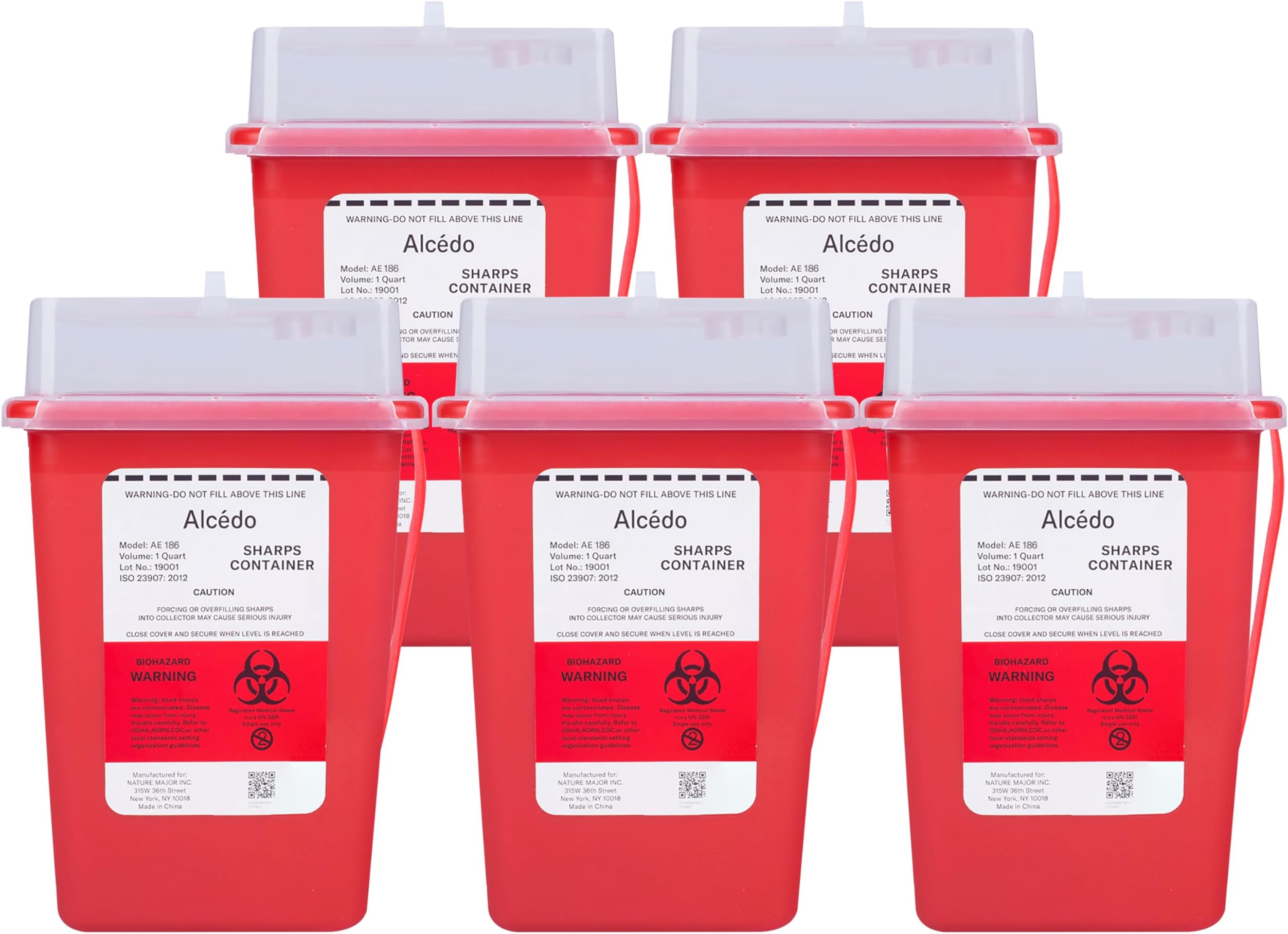 Alcedo Sharps Container for Home Use and Professional 1 Quart (5-Pack), Biohazard Needle and Syringe Disposal, Small Portable Container for Travel
