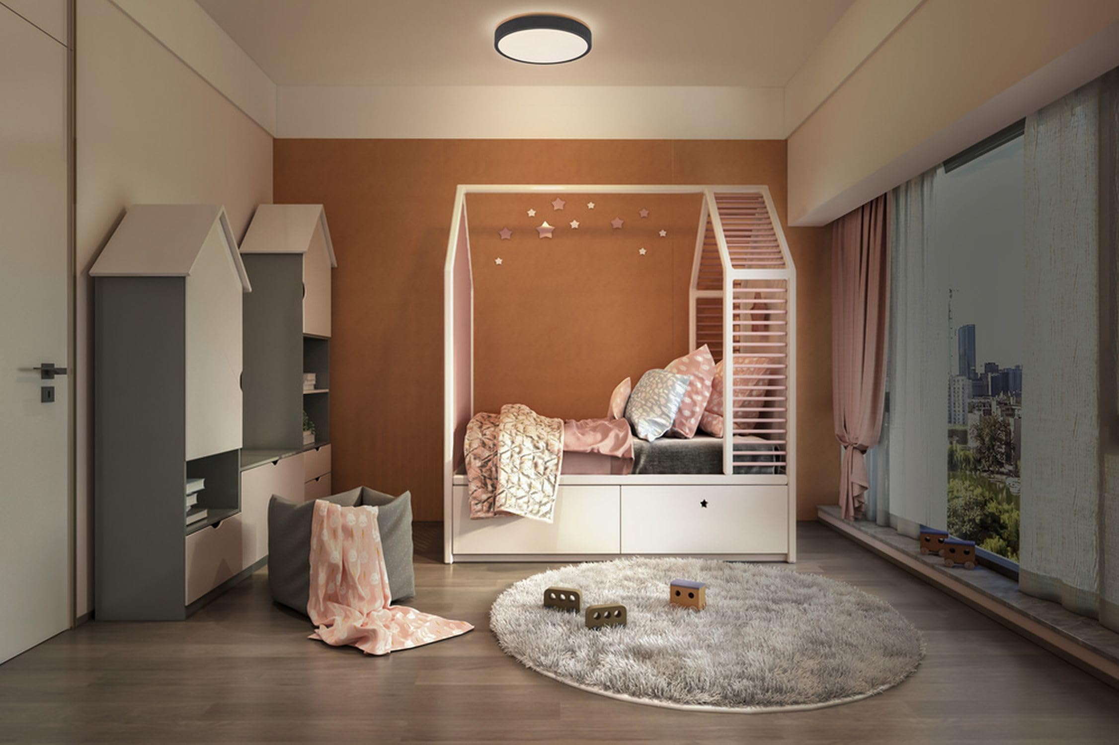 Licht-Erlebnisse LED Deckenleuchte Metall Stoff Grau 3000 K Click-DIM modern wohnlich Schlafzimmer Flur Essbereich Ø28.5 cm flache Deckenlampe Büro