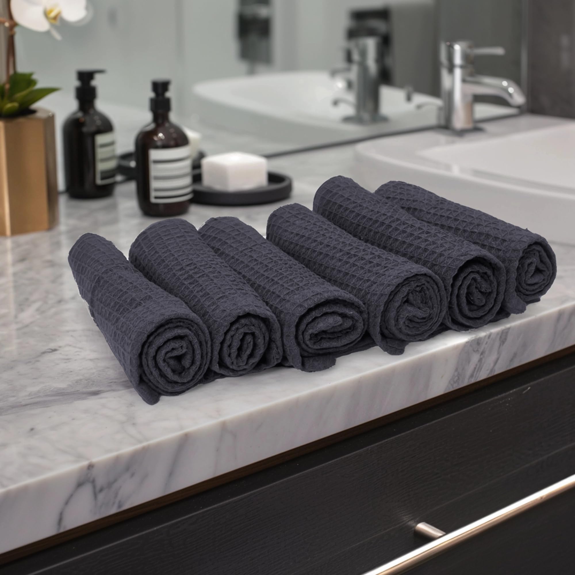 Encasa XO Face and Hand Towels for Bath, Gym - 30x30 cm | Grey | Set of 6 - Quick Dry Waffle Weave Face Cloths - Reusable Dishcloths for Everyday Use-image-36