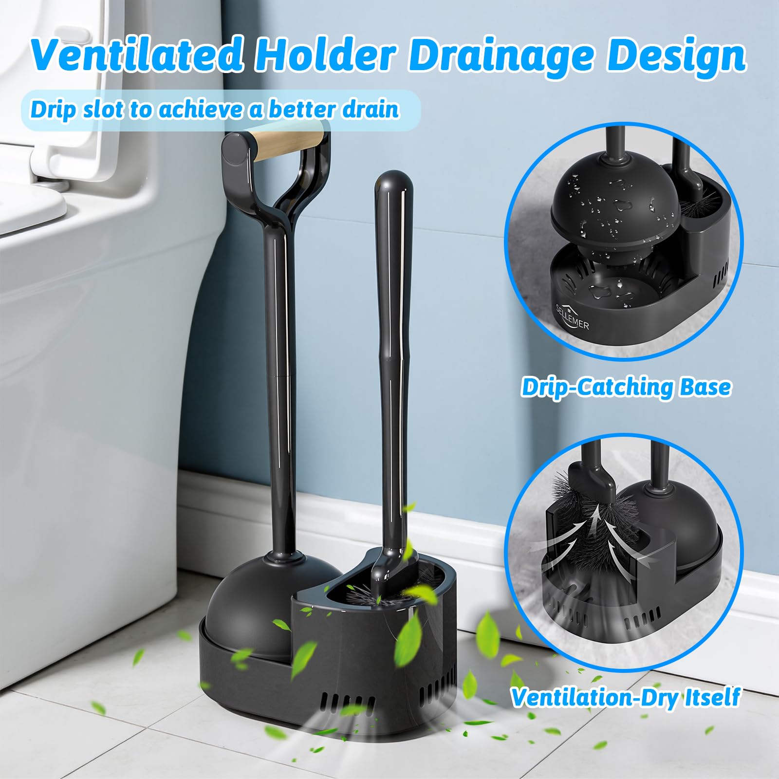 Sellemer Toilet Brush and Plunger Set, Curved Design Head for Deep Cleaning, Heavy Duty Toilet Bowl Brush and Plunger Combo with Holder for Bathroom Cleaning, Black, 2 Pack — view 5