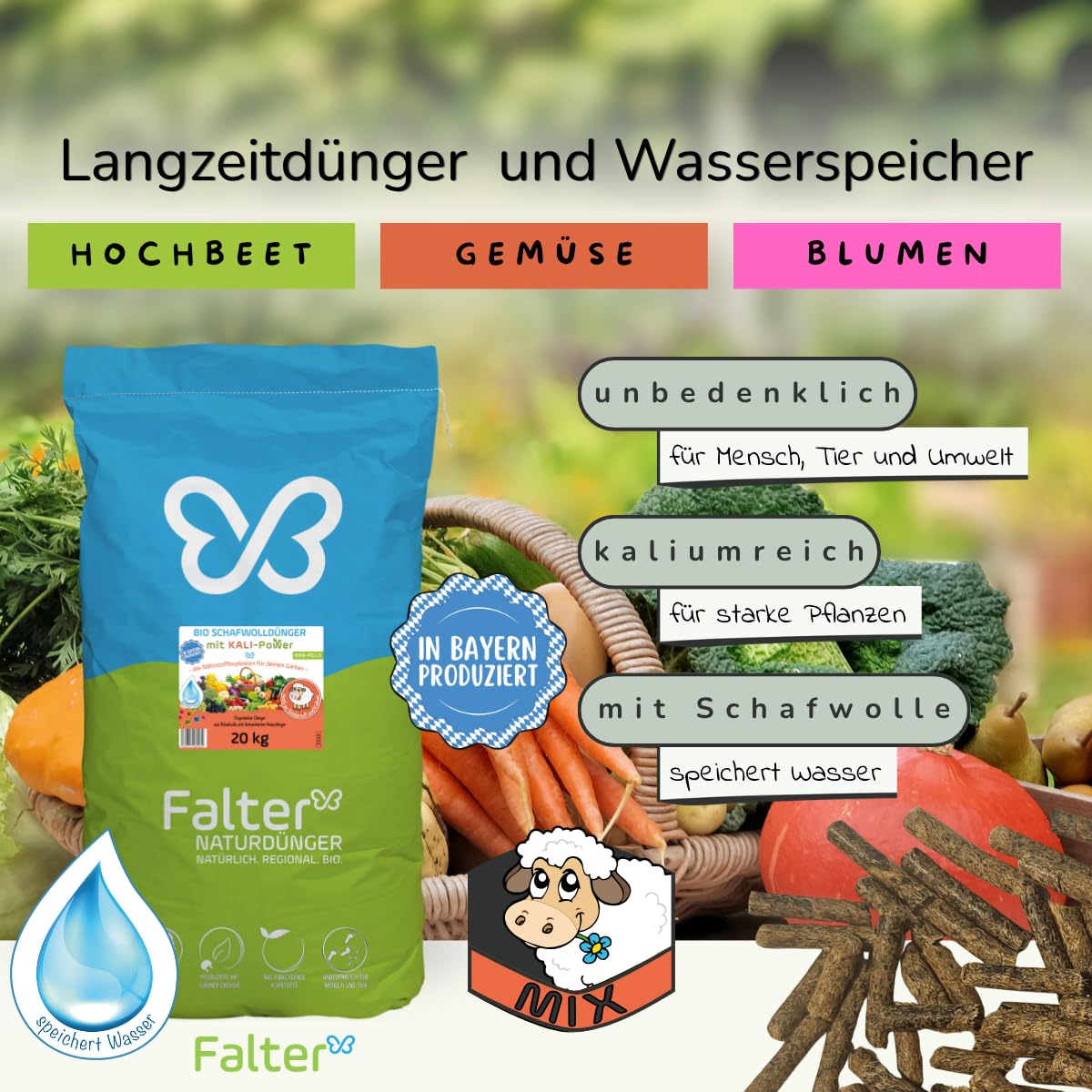 Falter BIO Schafwolldünger mit KALI-Power 20 kg - Gemüse- & Hochbeetdünger und zum Pflanzen von Hecken und Rosen