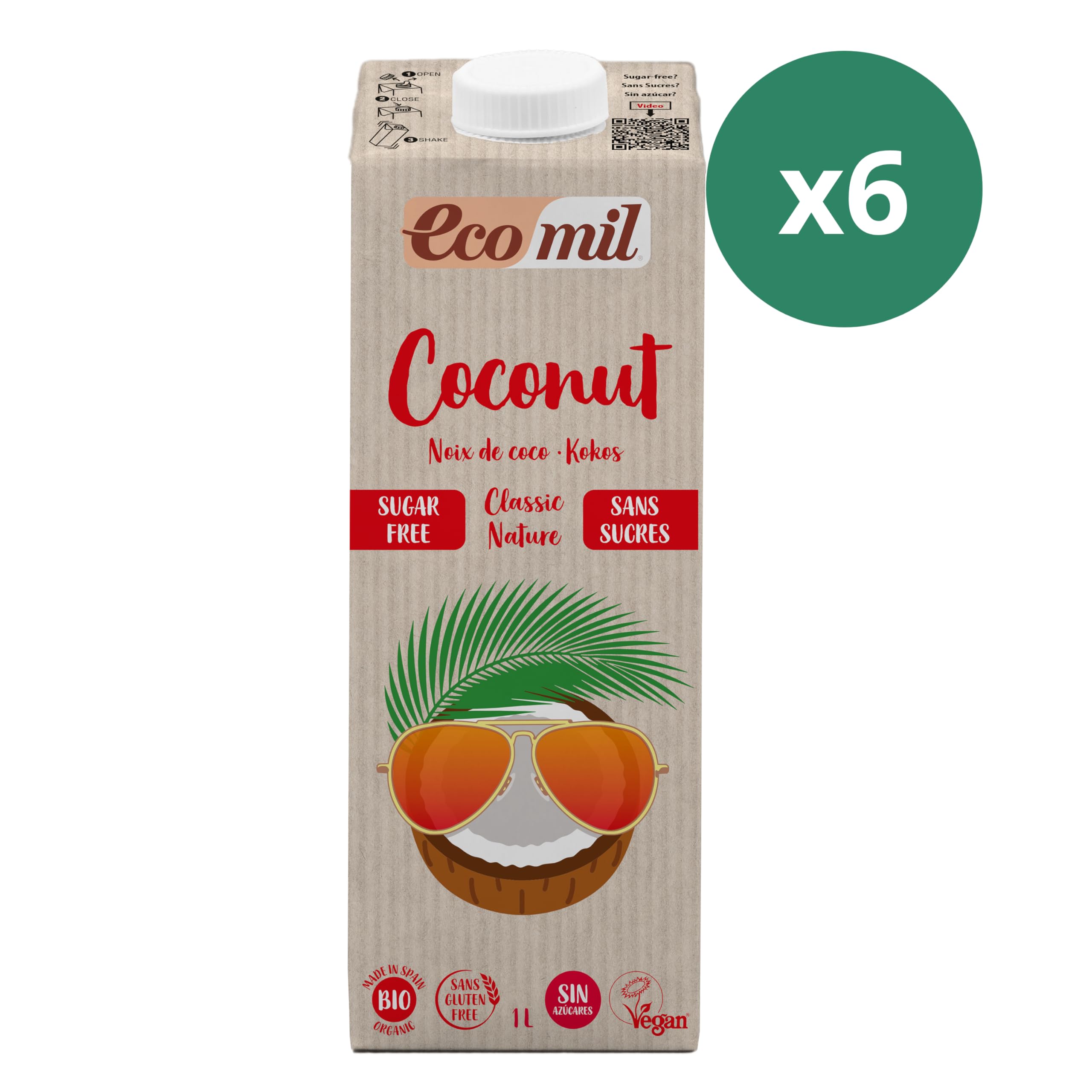 Ecomil - Bebida de Coco Bio Classic Ecológica, Bebida ecológica de Coco, Sin Azúcares Añadidos, Bebida Vegetal - Pack 6 x 1L