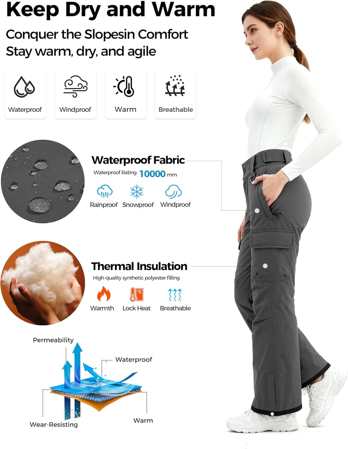 Wantdo Women's Waterproof Ski Pants Insulated Snow Pants Windproof Snow Pants