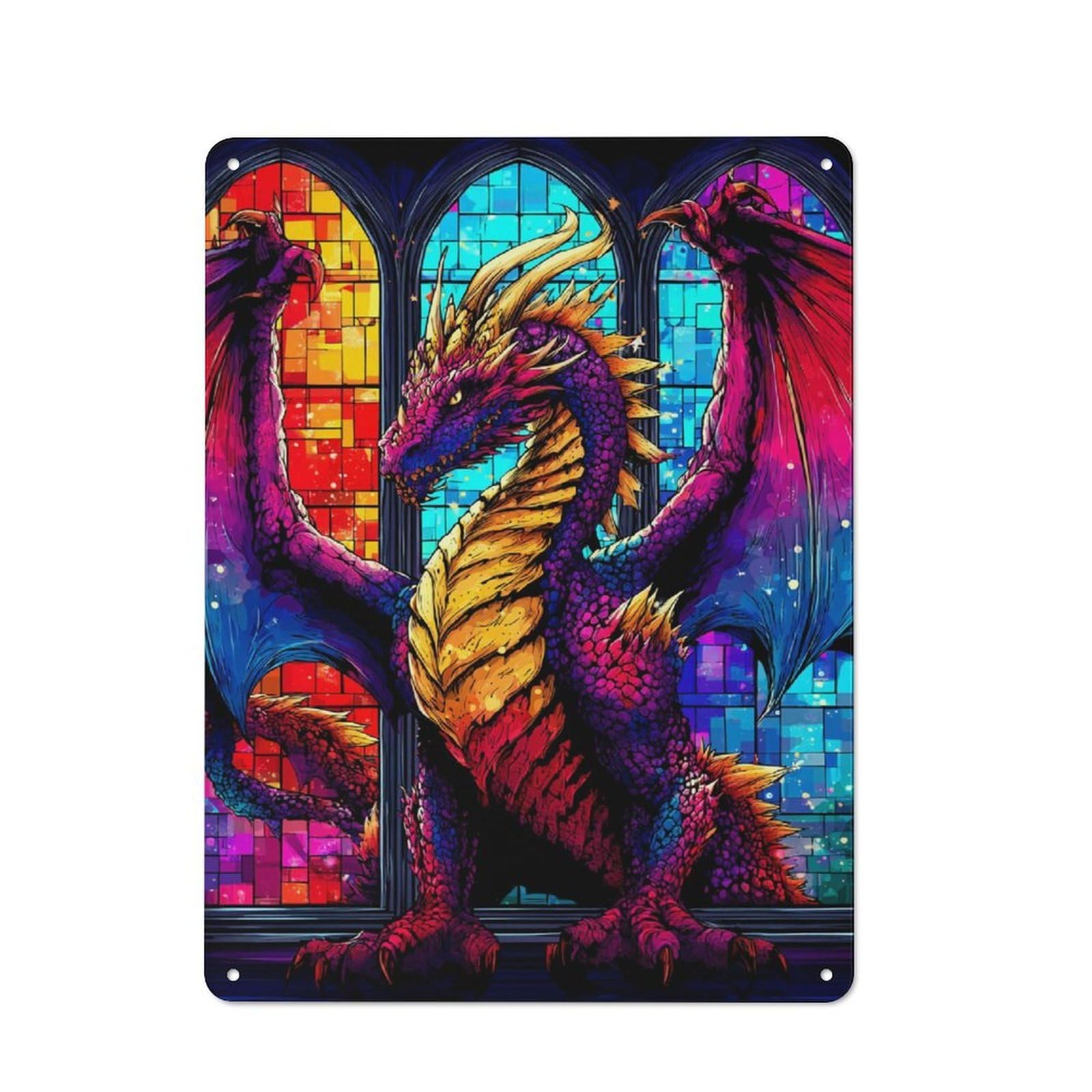 Vintage Gothic Dragon Stained Glass Vintage Tin Sign 40x30cm, Cafe Wall Decor for Bakery, Diner, Cafe Or Family Room